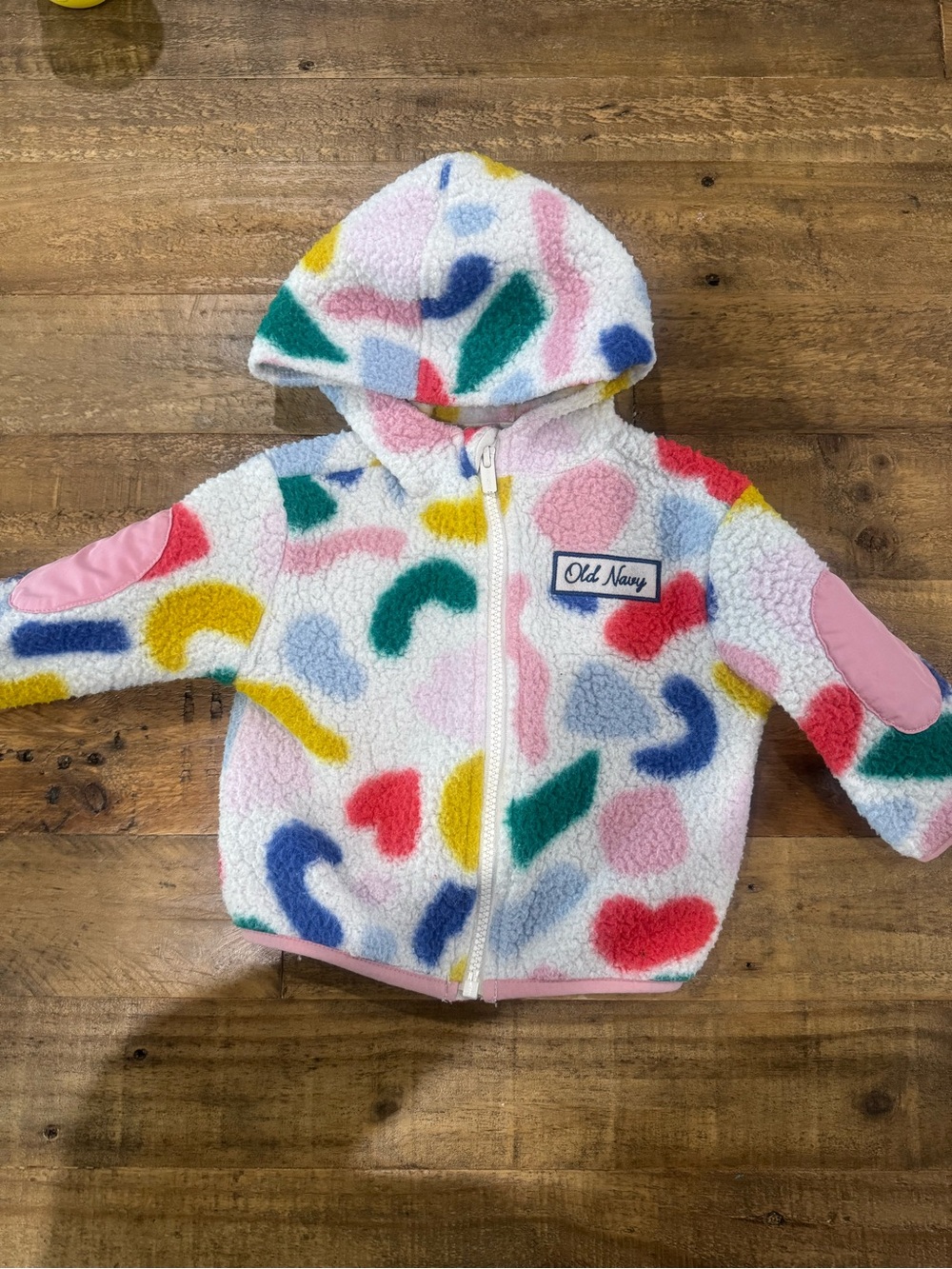 Old Navy White Sherpa Hoodie with Multicolor Heart & Abstract Shapes, 12-18mos
